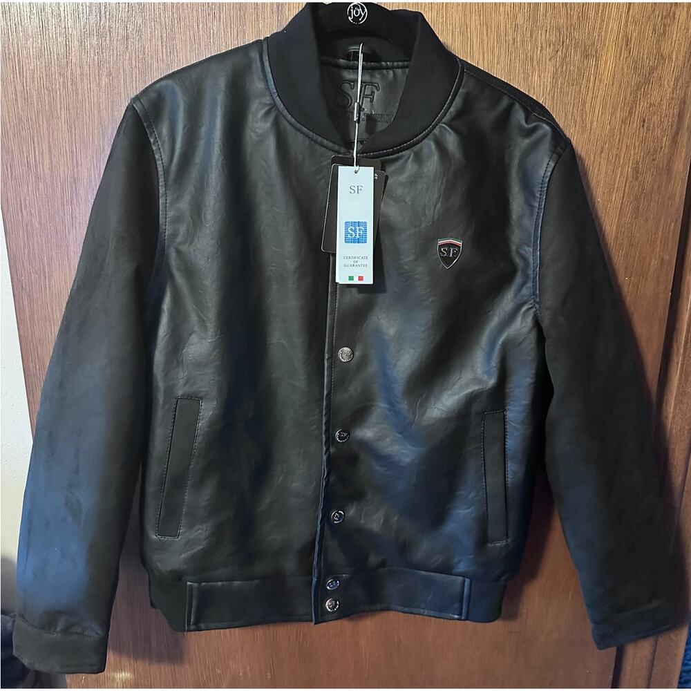 NWT BLACK SUPERLATIVE FASHION FAUX LEATHER JACKET; SIZE S